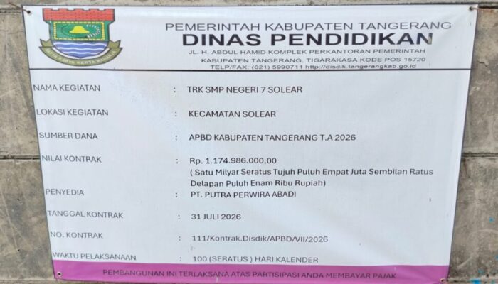 Proyek TRK SMPN 7 Solear Milik Dinas Pendidikan, Diduga Abaikan Keselamatan Siswa dan Para Pekerja